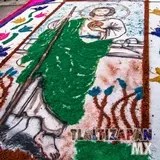 Imagen de San Judas Tadeo plasmada en los tapetes de aserrín de Tlaltizapán, Morelos