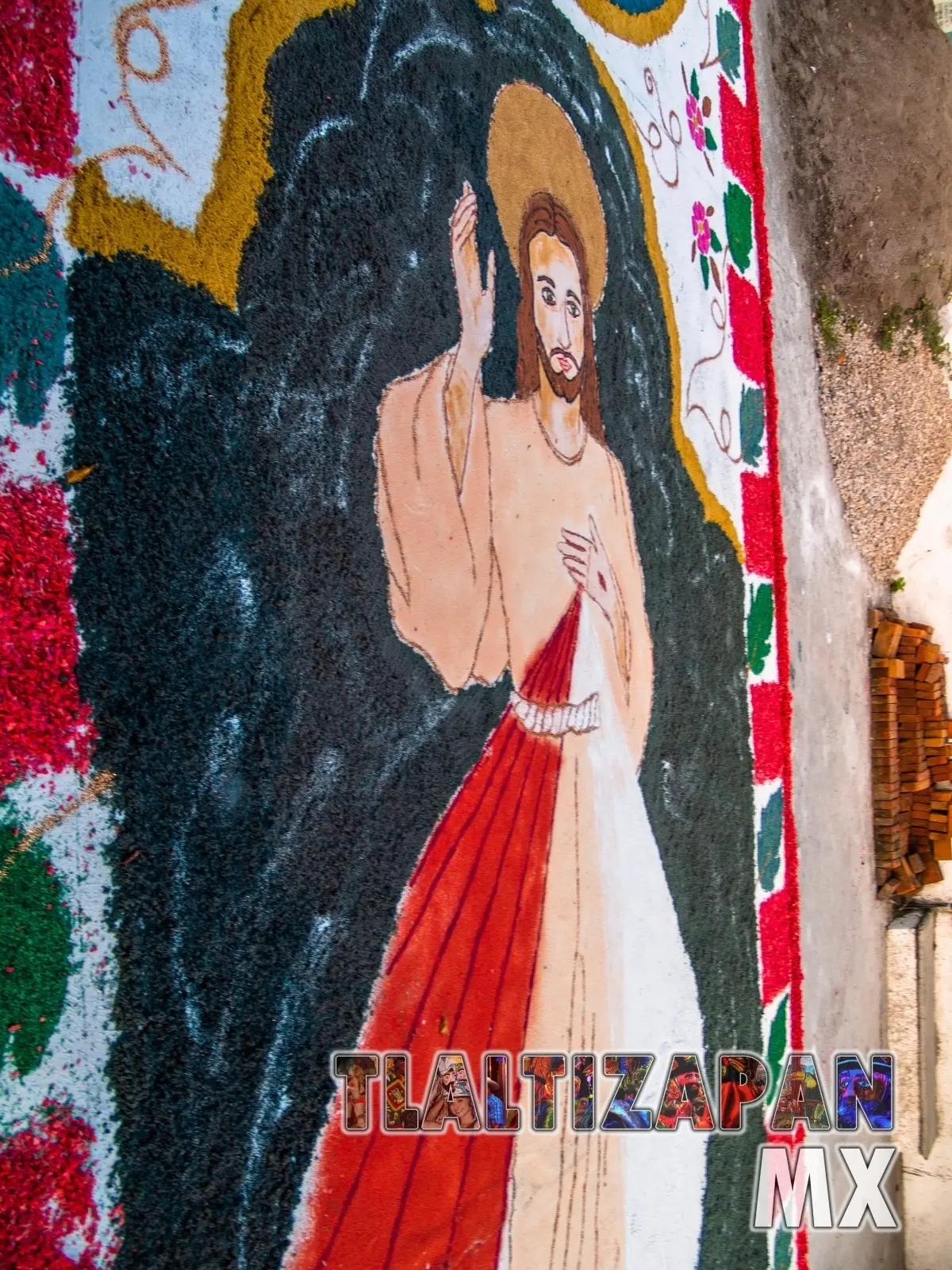 Imagen del Sagrado Corazón de Jesús plasamdo en aserrín